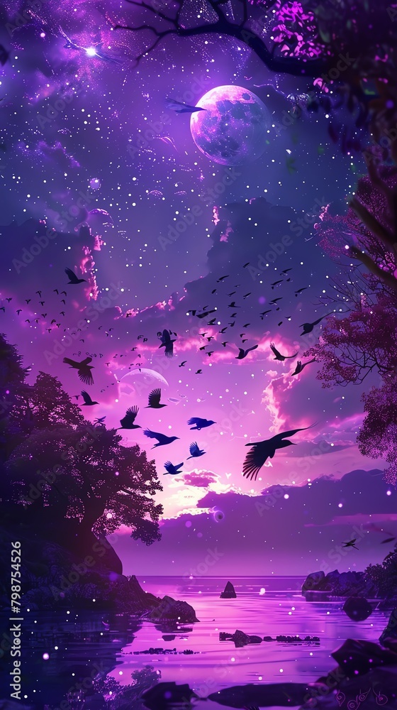 A purple sky with a large moon and a flock of birds flying over a lake with trees on the shore. A purple sky with a large moon and a flock of birds flying over a lake with trees on the shore.
