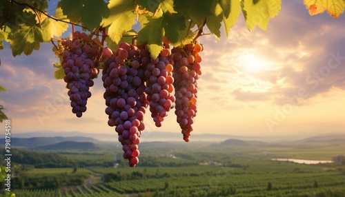 A close up of a bunch of red grapes in a lush vineyard at sunset.