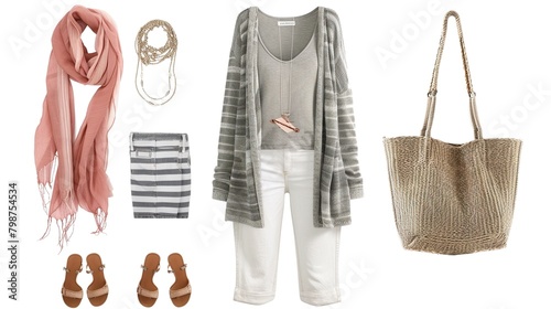 A gray cardigan sweater with a pink scarf over it, a gray and white striped tank top, white pants, brown wedge shoes, a straw tote bag with a pink bow on the handle, and silver earrings.