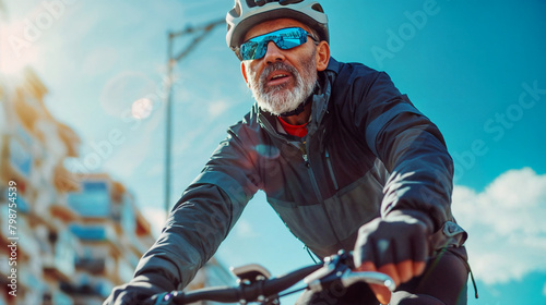 Cyclist in the city. An Elderly man riding a bicycle outdoors wearing a helmet. Person rides on the street.  © Vladimir