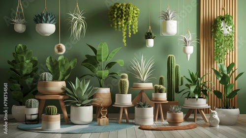 Stylish composition of home garden interior filled a lot of beautiful plants, cacti, succulents, air plant in different design pots. Home gardening concept Home jungle. Copy spcae. Template. 
