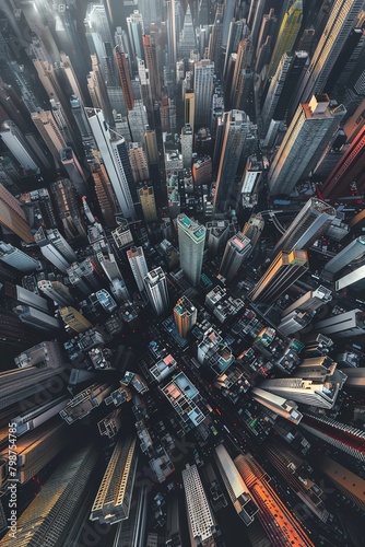 Capture a mesmerizing birds-eye view of a bustling cityscape where skyscrapers mimic cortisol molecules Show the energy and chaos with photorealistic details
