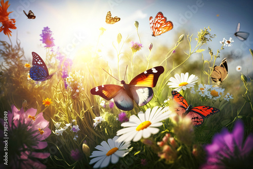 Beautiful butterflies over forest colored flowers with a blurred background. AI generated.