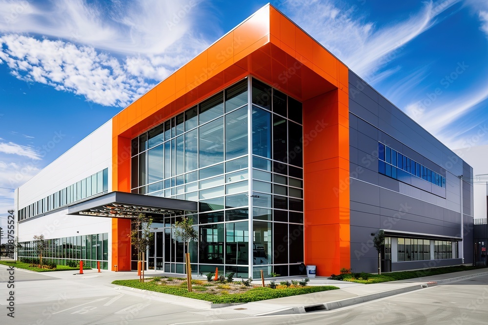 Modern sleek warehouse office building facility exterior architecture, orange