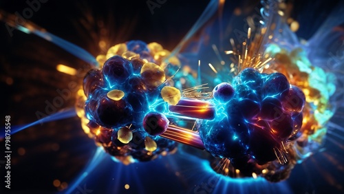 close-up, detailed visualization of two hydrogen isotopes, deuterium and tritium, as they collide and fuse into helium. Highlight the release of a neutron and the burst of energy in the form of light  photo