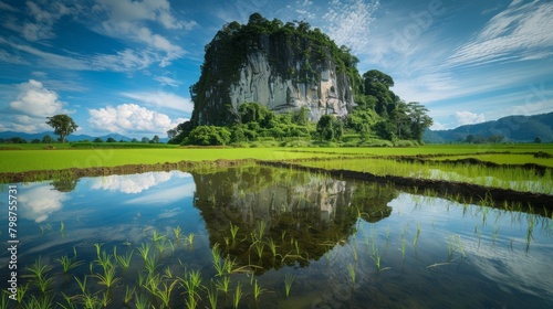 Beautiful morning view indonesia Panorama Landscape paddy fields with beauty color and sky natural light