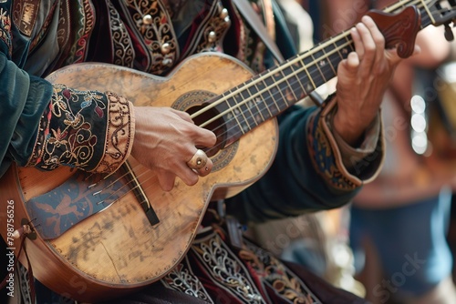 Musician playing lute at a renaissance fair photo