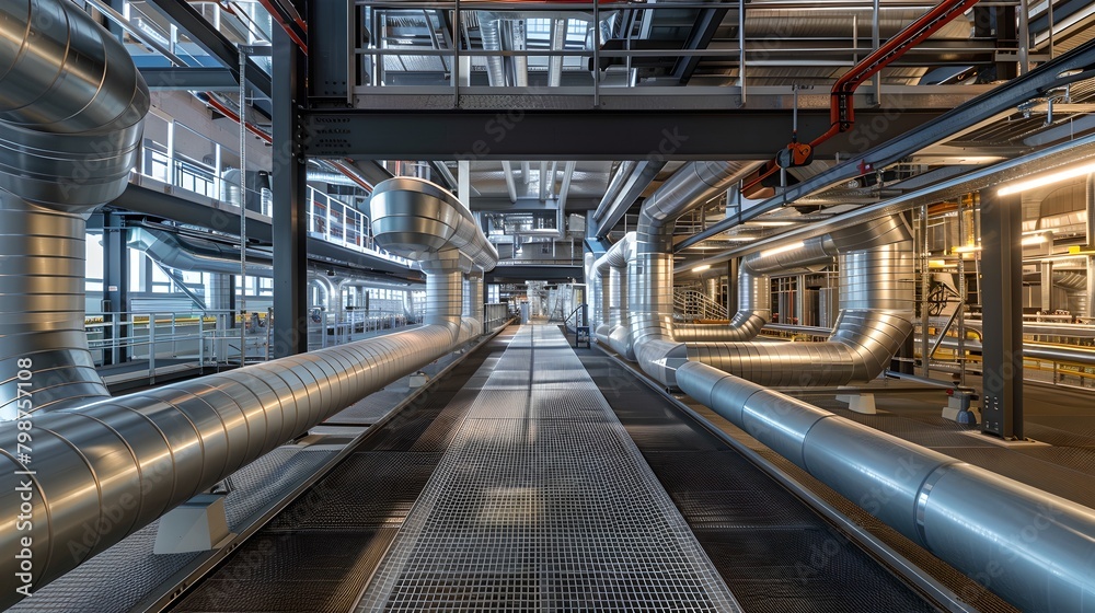 Modern Industrial Facility Interior with a Maze of Pipes and Ducts. Symmetrical Design, Technological Backdrop. Perfect for Industry Themes. AI