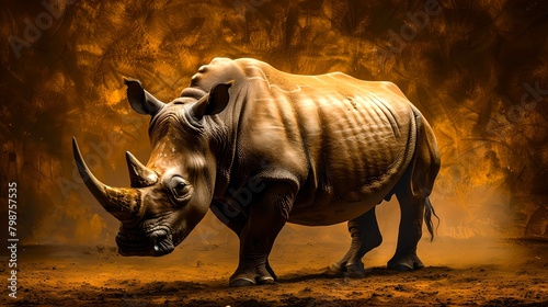 Majestic Rhino Standing Against a Warm  Fiery Backdrop  Captured in High-Resolution. Nature and Wildlife Photography. AI