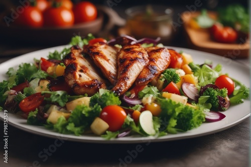 'vegetable salad roasted chcicken meat chicken turkey fillet filet grilled lettuce tomatoes grill basil dinner food breast white healthy greek dinning vegetarian diet fresh antipasto eating low-fat'