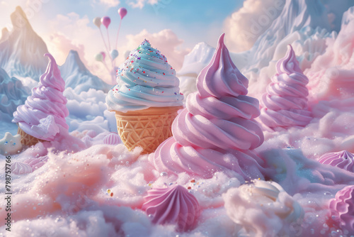 Majestic ice cream cones rise amongst candy-coated mountains with fluffs of cotton candy clouds. Dream or fairytale photo