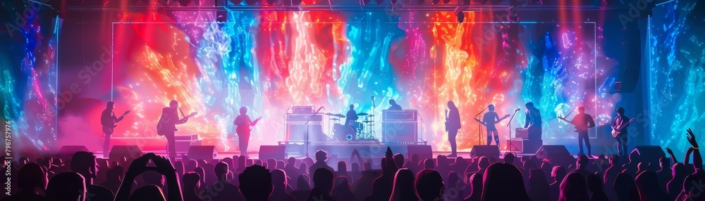Wide angle shot of a concert stage featuring a band performing with holographic musicians and dancers, creating a visually stunning and immersive live music experience