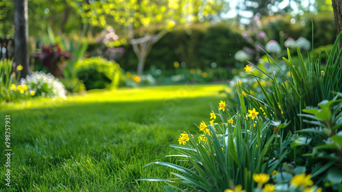 Picture a lively spring-summer landscape with lush green grass and wild yellow flowers, photo