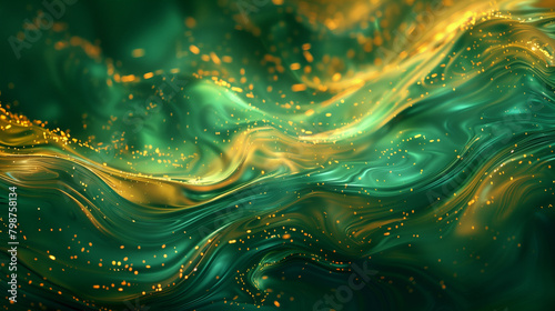 Emerald green and golden hues, abstract background, styled for vibrant contrast and a mystical ambiance