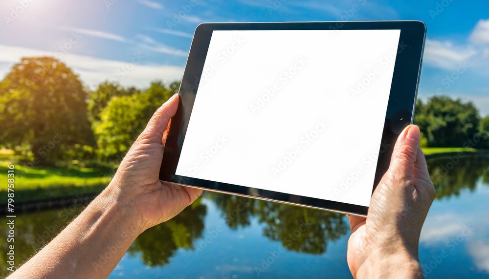 Tablet held by Woman in Outside in the City - Mockup for Application or Web Design - Template for Presentation of Graphic Design - Corporate Representation at Consumers