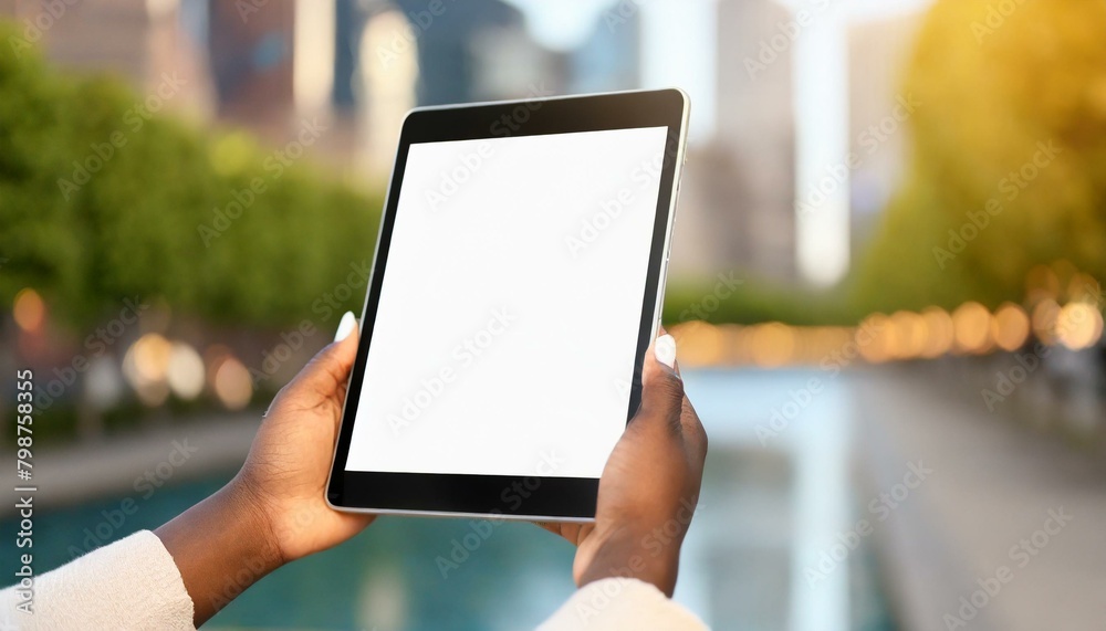 Tablet held by Woman in Outside in the City - Mockup for Application or Web Design - Template for Presentation of Graphic Design - Corporate Representation at Consumers