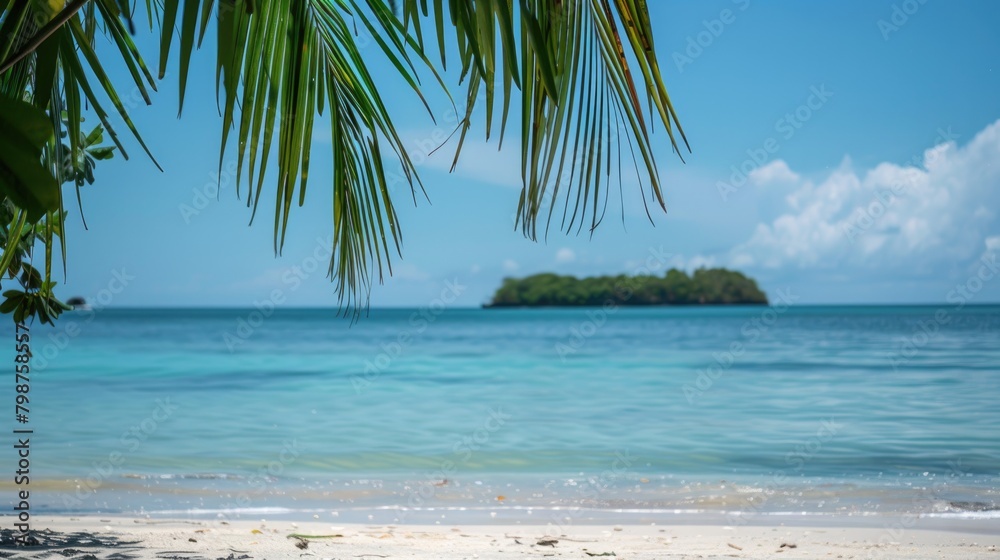 Paradise Background. Sandy beach with tropical island and palm trees on a sunny day