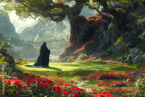 Grim Reaper with cloak and scythe ready to tee off in a serene landscape surrounded by vibrant blooming flowers and natural landscape