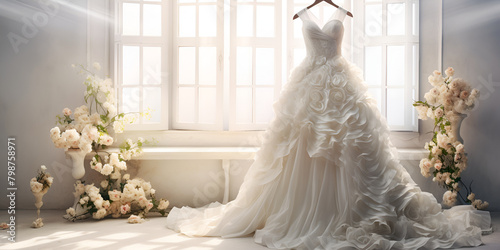 Elegant bridal boutique with wedding dress in front of window in the background  photo