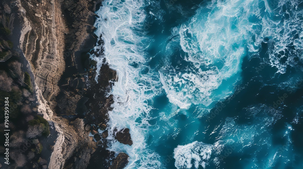 Aerial view of ocean waves colliding with a rocky shore background Aerial view of ocean waves colliding with a rocky shore background