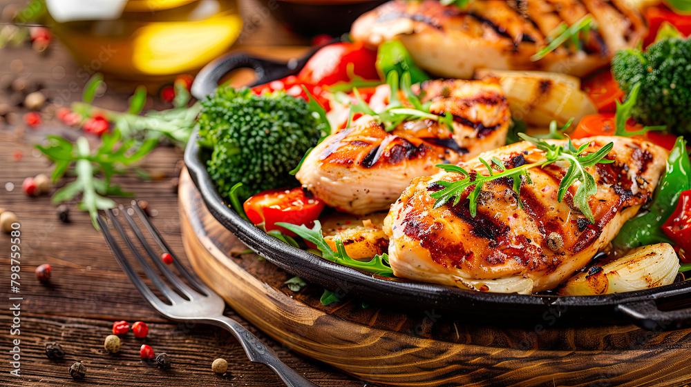 Grilled chicken with broccoli and other vegetables on a plate. Selective focus.