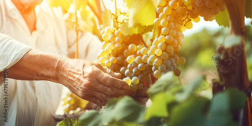 an old Woman picking ripe grapes in vineyard, closeup view in the background  photo