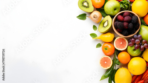 Fruits and vegetables isolated on white . Free space