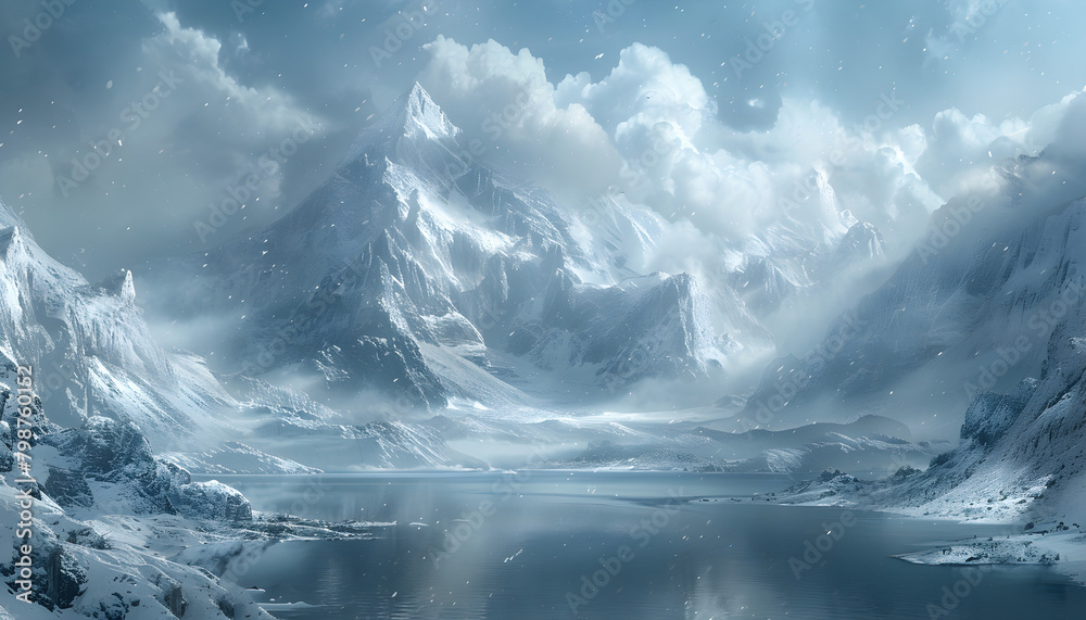 A serene snowy mountain range with a lake surrounded by snow covered mountains and a cloudy sky in the background, perfect for nature and winter themed content. A serene snowy mountain range with a lake surrounded by snow covered mountains and a cloudy sky in the background, perfect for nature and winter themed content.