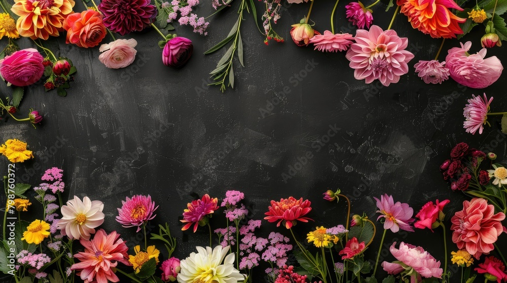 A stunning array of vibrant flowers set against a black backdrop exuding vintage charm Embracing a festive floral theme with room for your message