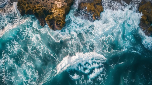 Aerial view of ocean waves colliding with a rocky shore background