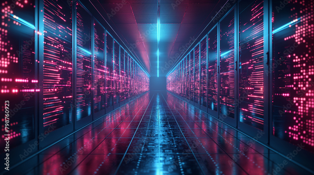 Obraz premium server room 3d illustration with node base programming data design element.concept of big data storage and cloud computing technology.