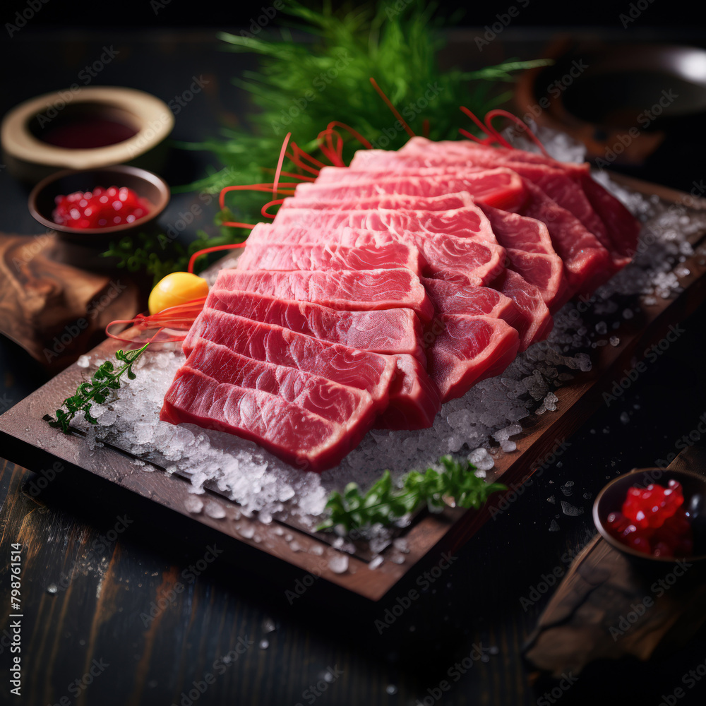 Wagyu beef Sashimi on cutting board Wagyu beef Sashimi on cutting board