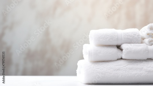 White clean towels on a wooden table in the bathroom provide copyspace for text.