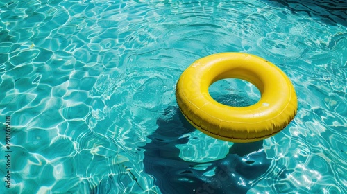 A sunny yellow pool float drifts in the crystal clear refreshing blue water of the pool with plenty of space for your personalized message