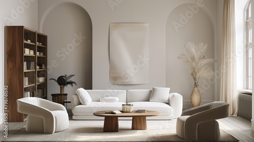 Light-colored living room interior with mock-ups of a bookshelf  sofa  and armchairs