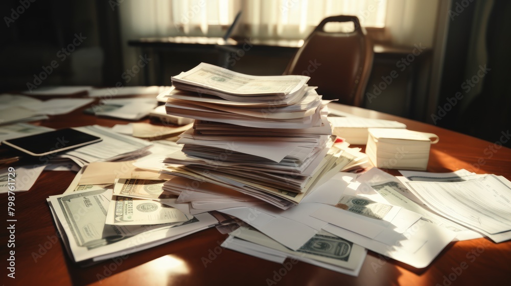 Stack of paper documents on a worktable. Stack of paper documents on a worktable.