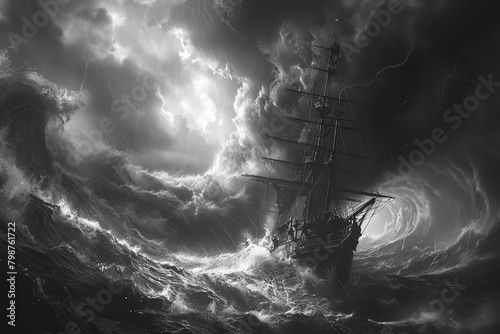 Dark clouds gather overhead, casting an ominous shadow over the ship being consumed by the powerful whirlpool photo