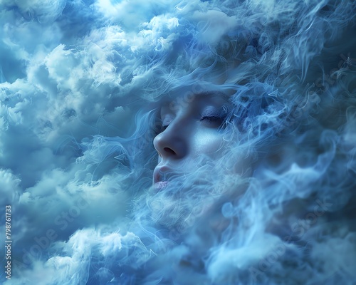 Delicate wisps of hair frame the womans face, blending seamlessly with the evershifting clouds around her