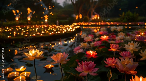 Amidst the serene Diwali night  a vast garden comes to life with vibrant colors as flowers bloom under the moonlit sky