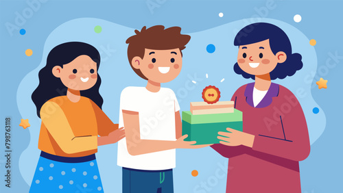 A child eagerly showing off a handmade craft they made to include in the time capsule beaming with pride as their parents look on with