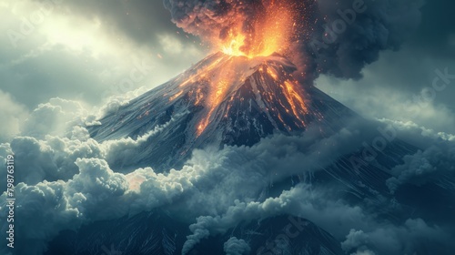 Volcano eruption spiting molten lava and ash clouds over a mountain  photo collage.