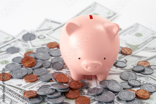 ピンクの豚の貯金箱とお金　白背景