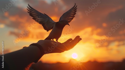 Pigeon's Graceful Landing in human hand at Sunset