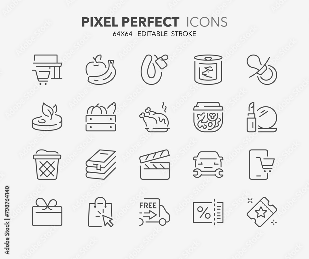 Icons about supermarket departments and services. Outline symbol collection. Editable vector stroke. 64x64 Pixel Perfect. 3 of 3 sets.