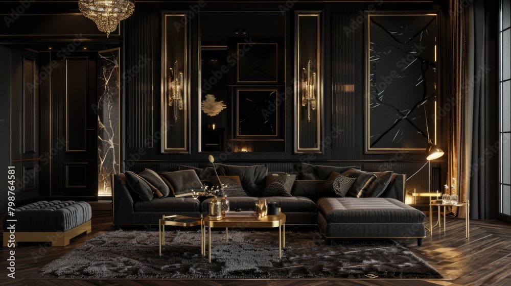 Luxury Lounge. Interior Design with Black and Gold Living Room Furniture