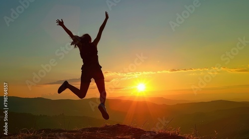 Woman Life. Silhouette of a Happy Girl Jumping in Freedom at Sunset