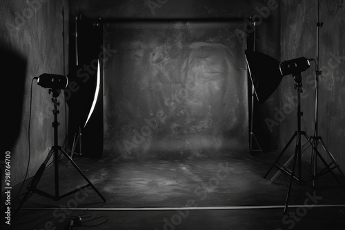 Backdrop Gray. Photo Studio Background Illuminated by Lamps with Dark, Grey Tones photo