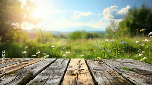 Beautiful Table. Wooden Table on Green Meadow with Spring Nature Background