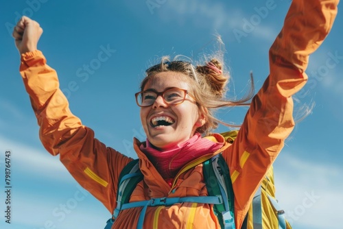 Female Victory. Smiling female trekker celebrating victory with arms raised shouting against sunny sky © AIGen