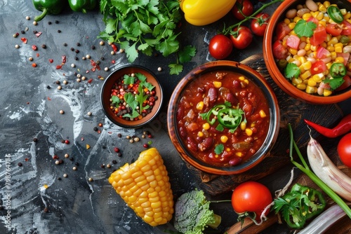 Vegetable Chili con Carne: Mexican Savoury Dish with Corn, Beans, and Tomatoes